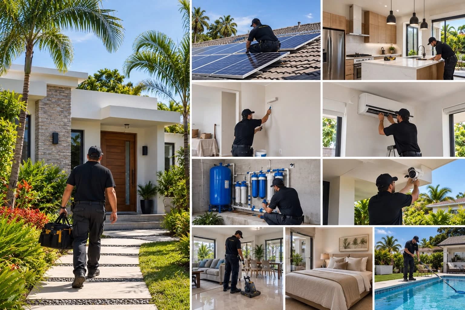 Rigland technicians at work across a Panama home: solar panels, kitchen fit-out, painting, air conditioning, water filtration, security cameras, deep cleaning and pool maintenance